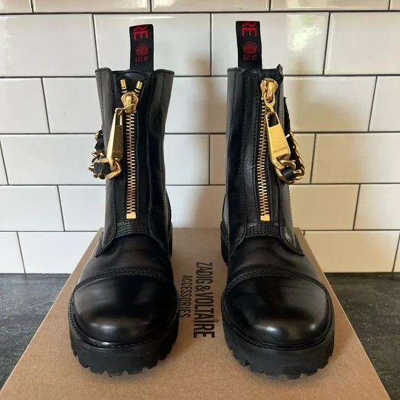 NIB Zadig & Voltaire Joe Cecilia Smooth Cowskin Leather Boots w/ Gold Hardware - Picture 3 of 5